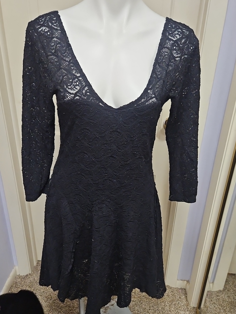 Free People Black Lace Long Sleeve V-Neck Fit & Flare Dress